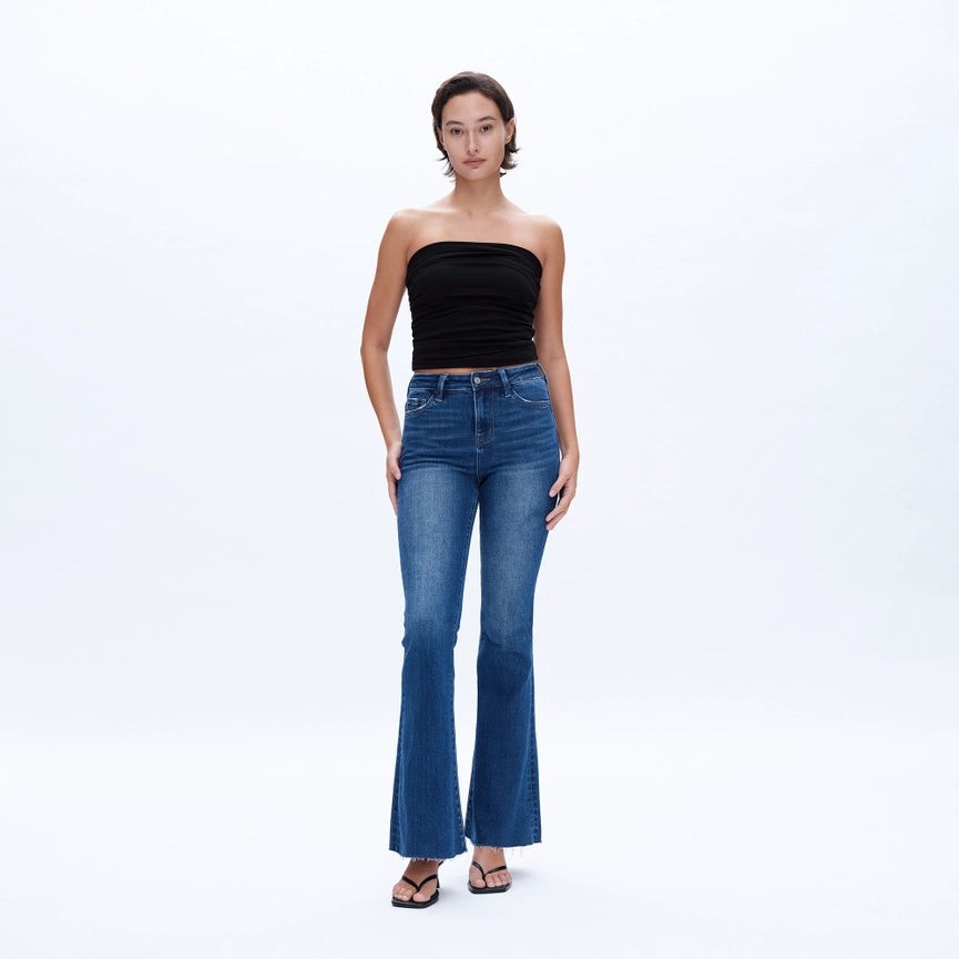 High Rise Flare Jeans with Raw Hem MIDNIGHT THUNDER-Jeans-BAYEAS-24-MIDNIGHT THUNDER-Urbanheer