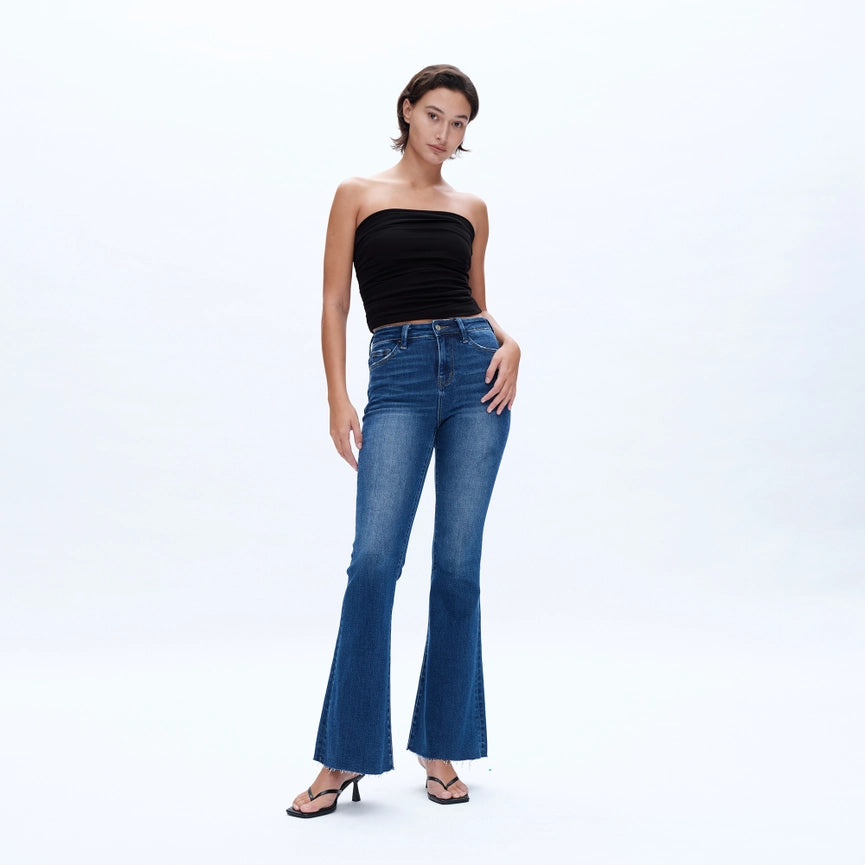 High Rise Flare Jeans with Raw Hem MIDNIGHT THUNDER-Jeans-BAYEAS-24-MIDNIGHT THUNDER-Urbanheer
