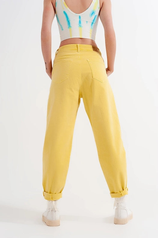 High Rise Mom Jeans With Pleat Front In Yellow