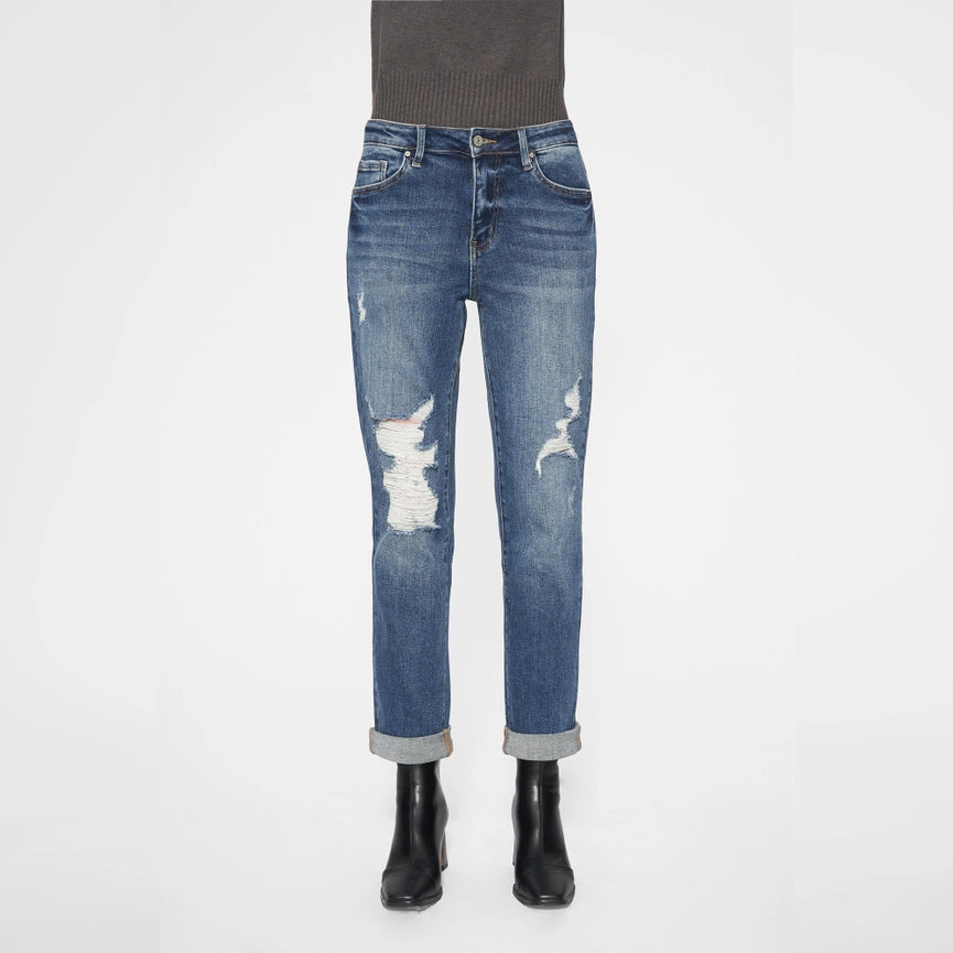 High Rise Mom Jeans with Rolled Hem DARK BLUE-Jeans-BAYEAS-24-DARK BLUE-Urbanheer