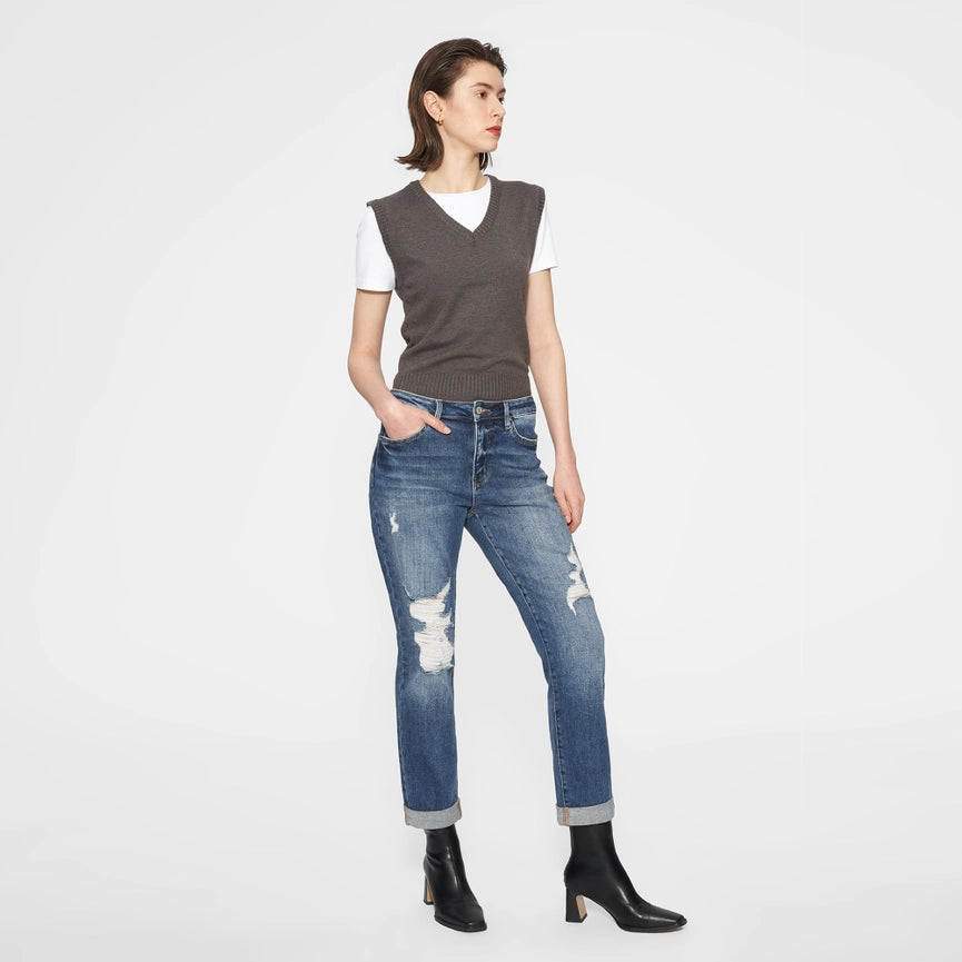 High Rise Mom Jeans with Rolled Hem DARK BLUE-Jeans-BAYEAS-24-DARK BLUE-Urbanheer