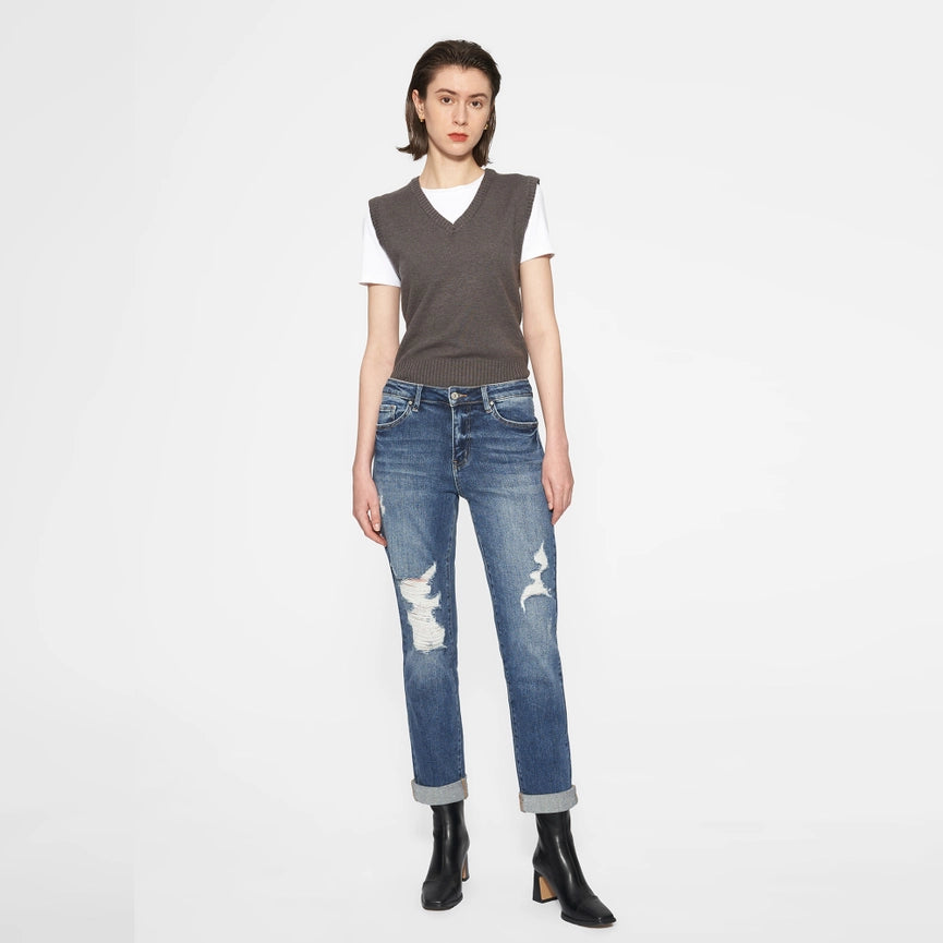 High Rise Mom Jeans with Rolled Hem DARK BLUE-Jeans-BAYEAS-24-DARK BLUE-Urbanheer