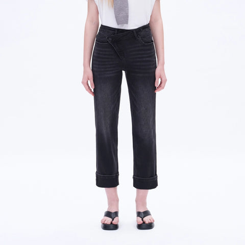 High Rise Mom Jeans with Rolled Hem IRON BLACK-Jeans-BAYEAS-24-IRON BLACK-Urbanheer