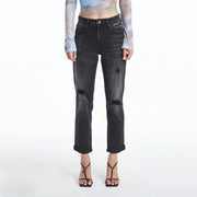 High Rise Mom Jeans with Rolled Hem IRON BLACK-Jeans-BAYEAS-24-IRON BLACK-Urbanheer