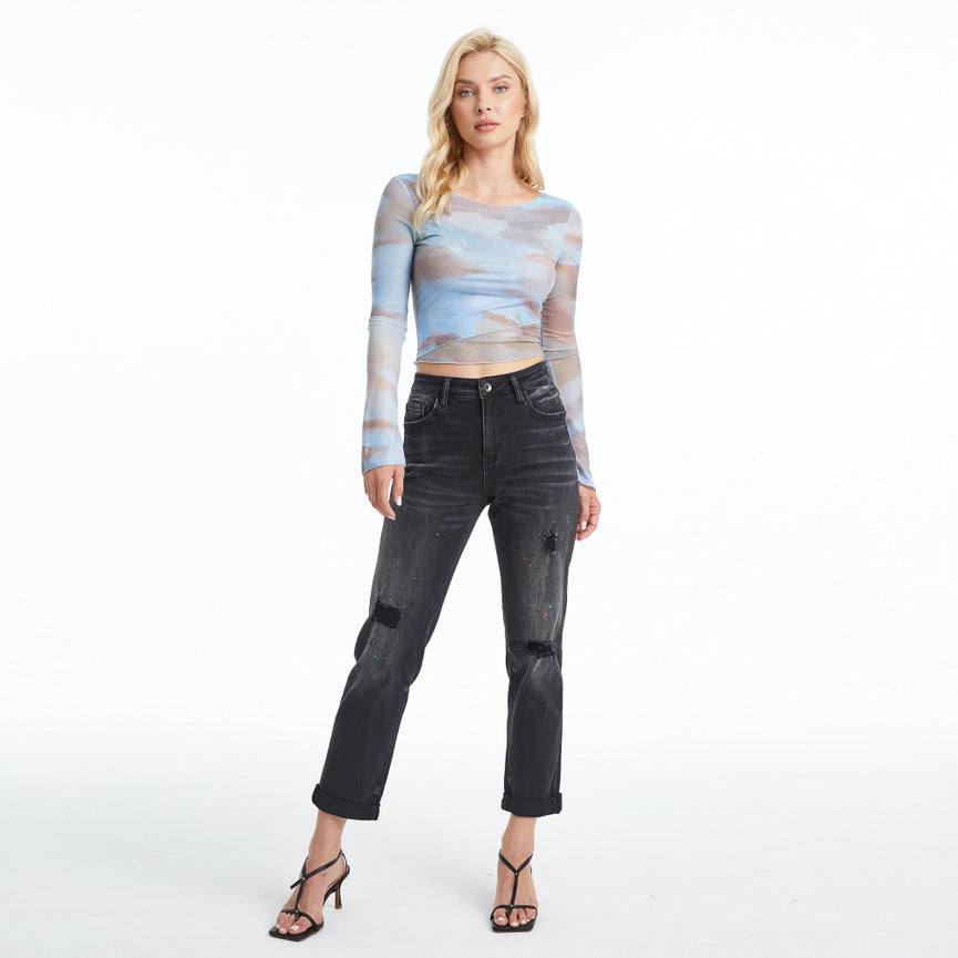 High Rise Mom Jeans with Rolled Hem IRON BLACK-Jeans-BAYEAS-24-IRON BLACK-Urbanheer