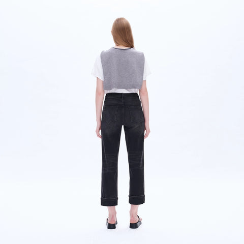 High Rise Mom Jeans with Rolled Hem IRON BLACK-Jeans-BAYEAS-24-IRON BLACK-Urbanheer