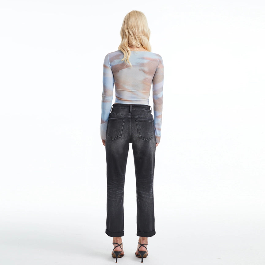 High Rise Mom Jeans with Rolled Hem IRON BLACK-Jeans-BAYEAS-24-IRON BLACK-Urbanheer