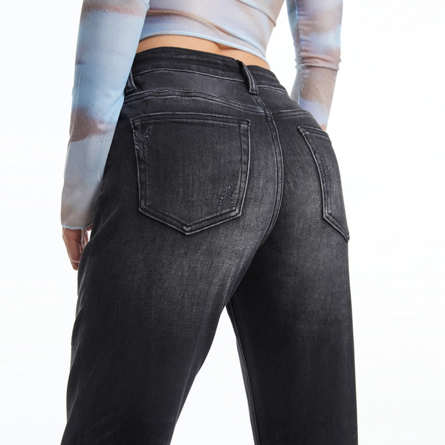 High Rise Mom Jeans with Rolled Hem IRON BLACK-Jeans-BAYEAS-24-IRON BLACK-Urbanheer