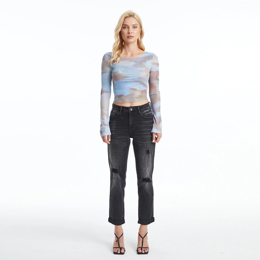 High Rise Mom Jeans with Rolled Hem IRON BLACK-Jeans-BAYEAS-24-IRON BLACK-Urbanheer