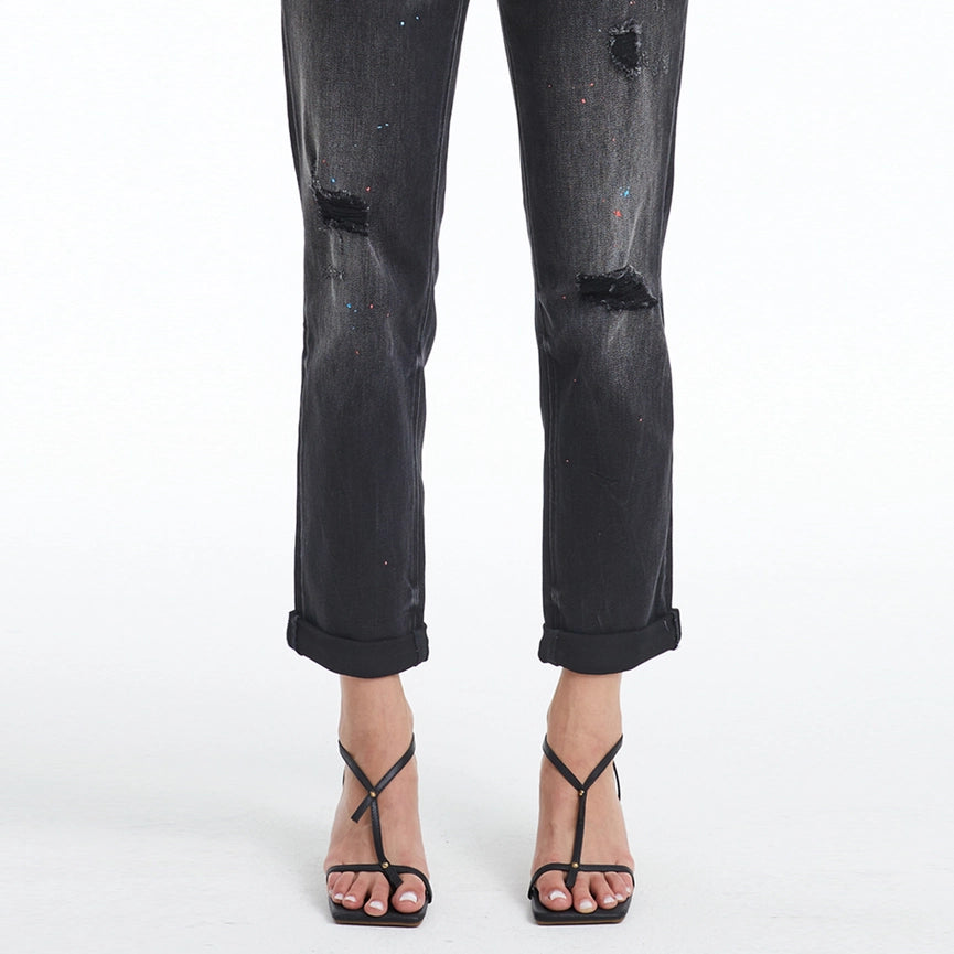 High Rise Mom Jeans with Rolled Hem IRON BLACK-Jeans-BAYEAS-24-IRON BLACK-Urbanheer