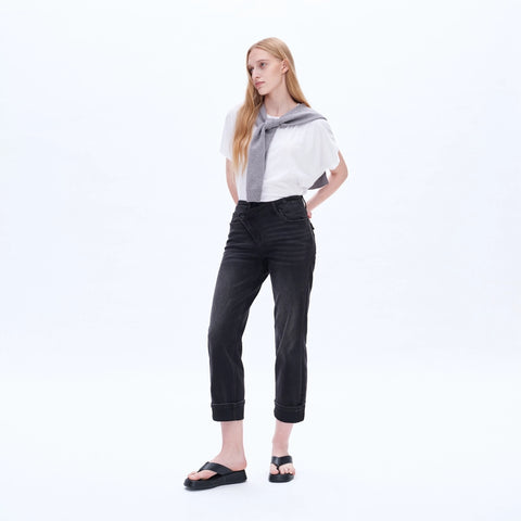 High Rise Mom Jeans with Rolled Hem IRON BLACK-Jeans-BAYEAS-24-IRON BLACK-Urbanheer