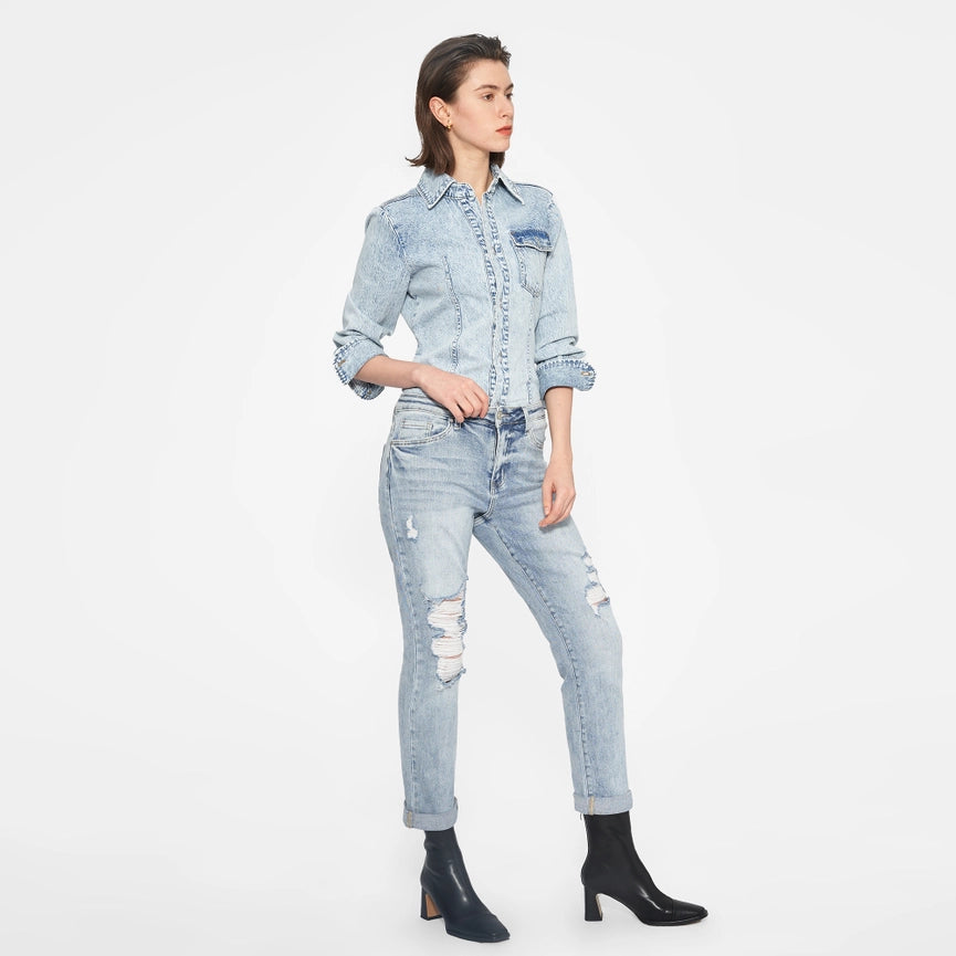High Rise Mom Jeans with Rolled Hem LIGHT BLUE-Jeans-BAYEAS-24-LIGHT BLUE-Urbanheer