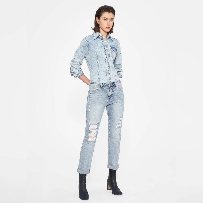 High Rise Mom Jeans with Rolled Hem LIGHT BLUE-Jeans-BAYEAS-24-LIGHT BLUE-Urbanheer