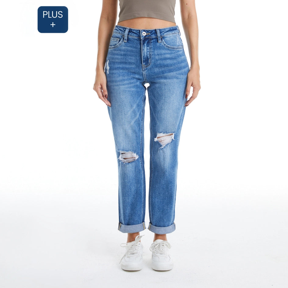 High Rise Relaxed Boyfriend Jeans with Rolled Hem MIDNIGHT THUNDER-Jeans-BAYEAS-14W-MIDNIGHT THUNDER-Urbanheer