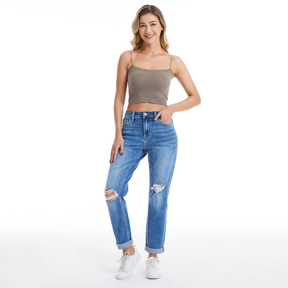 High Rise Relaxed Boyfriend Jeans with Rolled Hem MIDNIGHT THUNDER-Jeans-BAYEAS-14W-MIDNIGHT THUNDER-Urbanheer