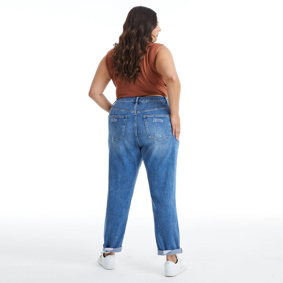 High Rise Relaxed Boyfriend Jeans with Rolled Hem MIDNIGHT THUNDER-Jeans-BAYEAS-14W-MIDNIGHT THUNDER-Urbanheer