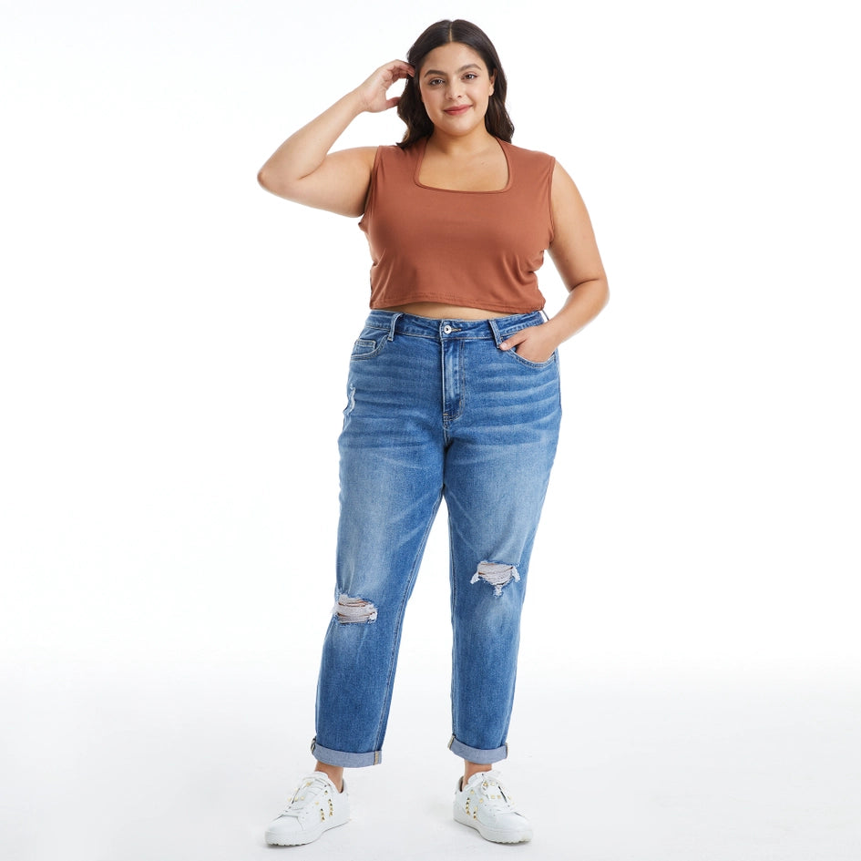 High Rise Relaxed Boyfriend Jeans with Rolled Hem MIDNIGHT THUNDER-Jeans-BAYEAS-14W-MIDNIGHT THUNDER-Urbanheer