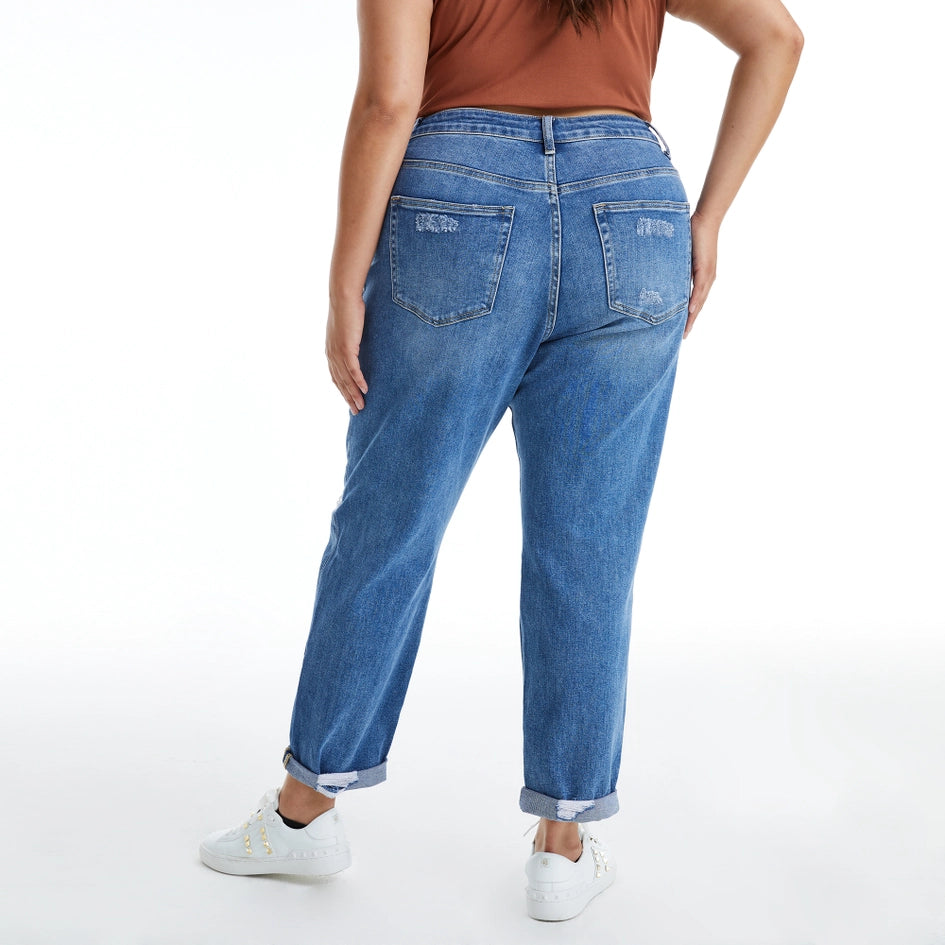 High Rise Relaxed Boyfriend Jeans with Rolled Hem MIDNIGHT THUNDER-Jeans-BAYEAS-14W-MIDNIGHT THUNDER-Urbanheer