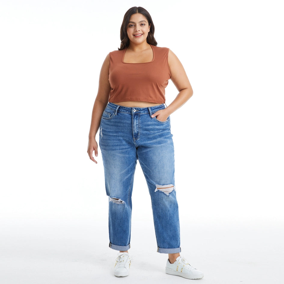 High Rise Relaxed Boyfriend Jeans with Rolled Hem MIDNIGHT THUNDER-Jeans-BAYEAS-14W-MIDNIGHT THUNDER-Urbanheer