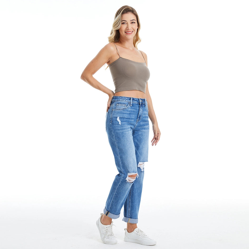 High Rise Relaxed Boyfriend Jeans with Rolled Hem MIDNIGHT THUNDER-Jeans-BAYEAS-14W-MIDNIGHT THUNDER-Urbanheer