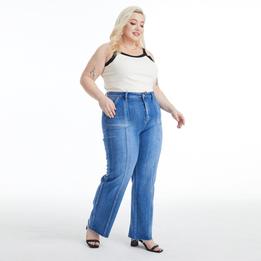 High Rise Relaxed Straight Jeans with Raw Hem BLUELOVER-Jeans-BAYEAS-14W-BLUELOVER-Urbanheer