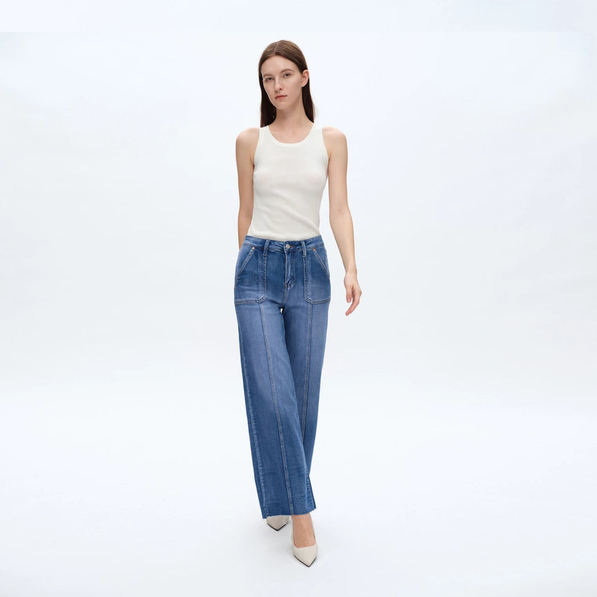High Rise Relaxed Straight Jeans with Raw Hem BLUELOVER-Jeans-BAYEAS-14W-BLUELOVER-Urbanheer