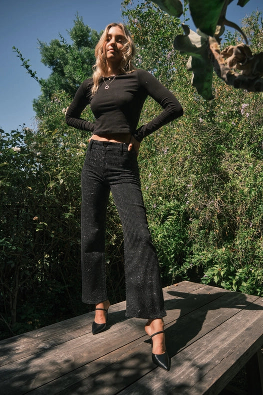 High Rise Rhinestone Suds At Front Denim Jeans Black-Jeans-Blue B-S-BLACK-Urbanheer