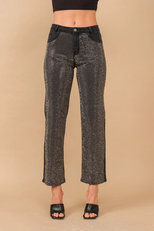 High Rise Rhinestone Suds At Front Denim Jeans Black-Jeans-Blue B-S-BLACK-Urbanheer