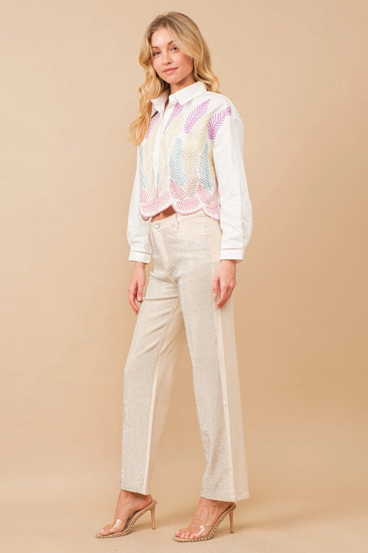 High Rise Rhinestone Suds At Front Denim Jeans Ivory-Jeans-Blue B-S-IVORY-Urbanheer