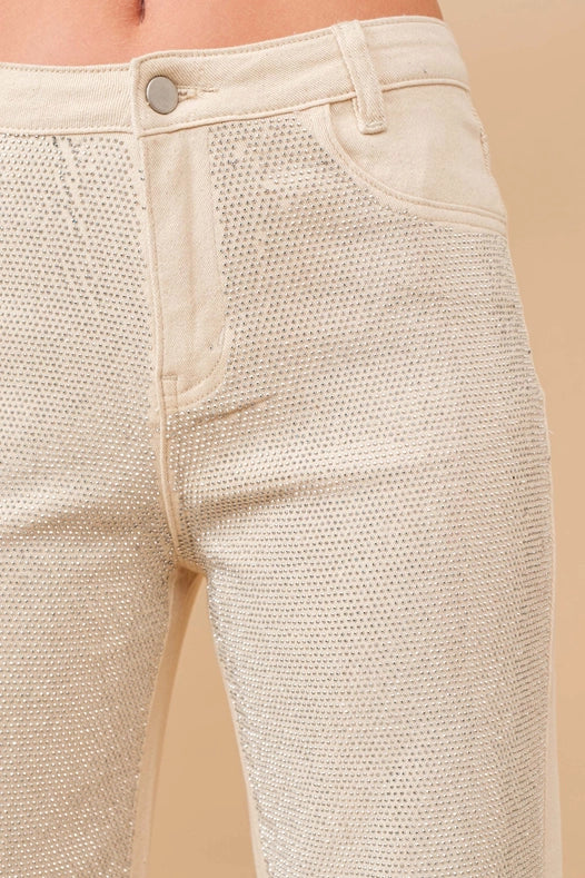 High Rise Rhinestone Suds At Front Denim Jeans IVORY