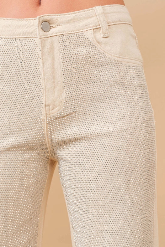 High Rise Rhinestone Suds At Front Denim Jeans Ivory-Jeans-Blue B-S-IVORY-Urbanheer