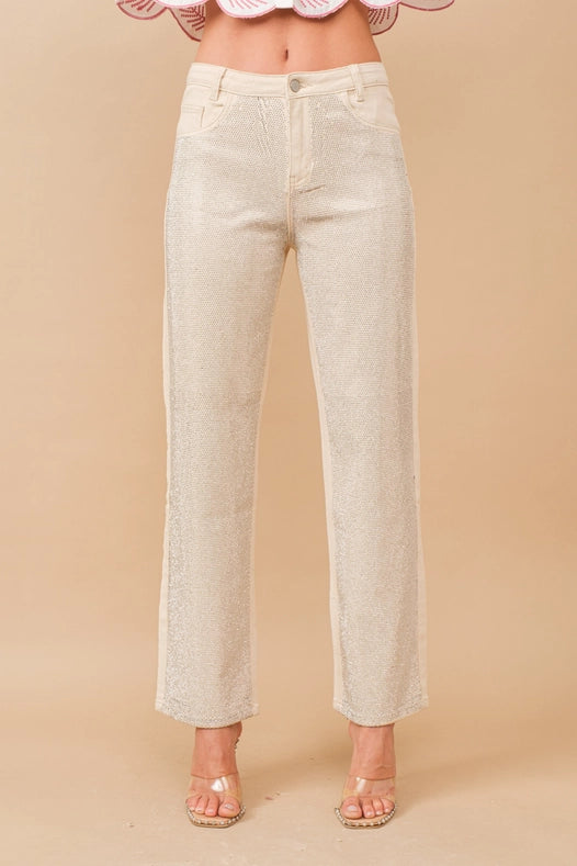 High Rise Rhinestone Suds At Front Denim Jeans Ivory-Jeans-Blue B-S-IVORY-Urbanheer