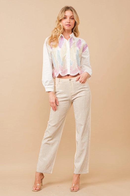 High Rise Rhinestone Suds At Front Denim Jeans Ivory-Jeans-Blue B-S-IVORY-Urbanheer