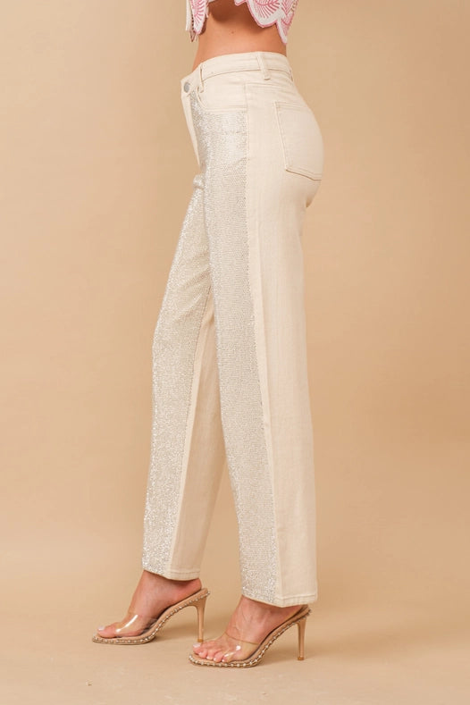 High Rise Rhinestone Suds At Front Denim Jeans Ivory-Jeans-Blue B-S-IVORY-Urbanheer