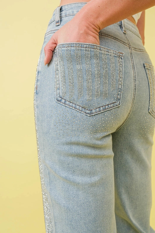 High Rise Rhinestone Suds At Front Jeans