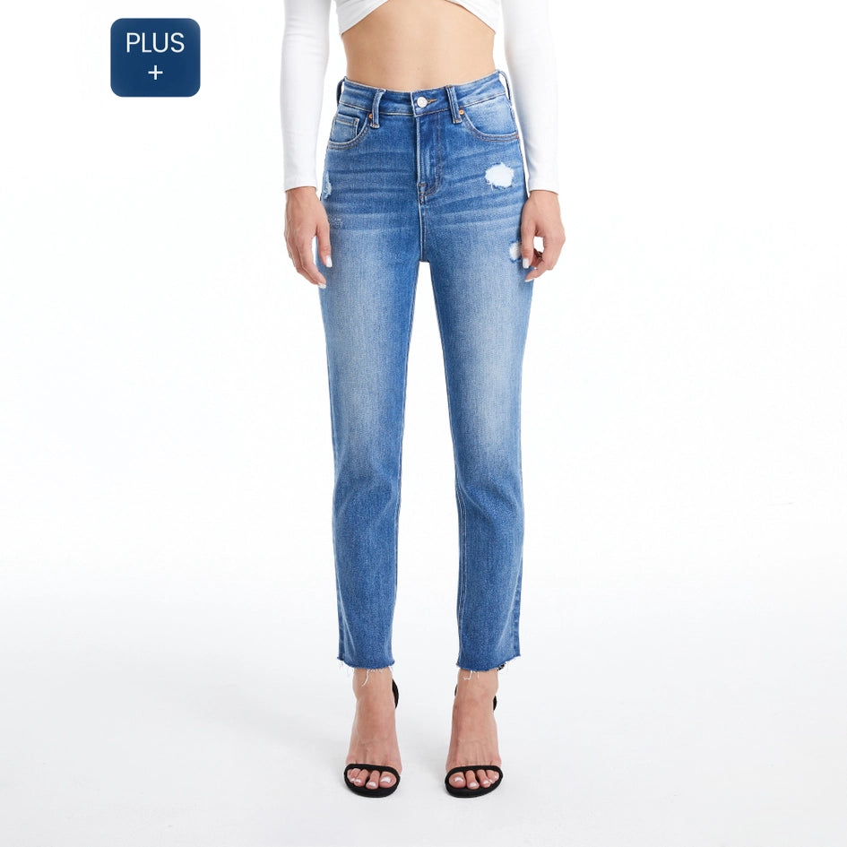 High Rise Skinny Jeans with Raw Hem MEDIUM BLUE-Jeans-BAYEAS-18W-MEDIUM BLUE-Urbanheer