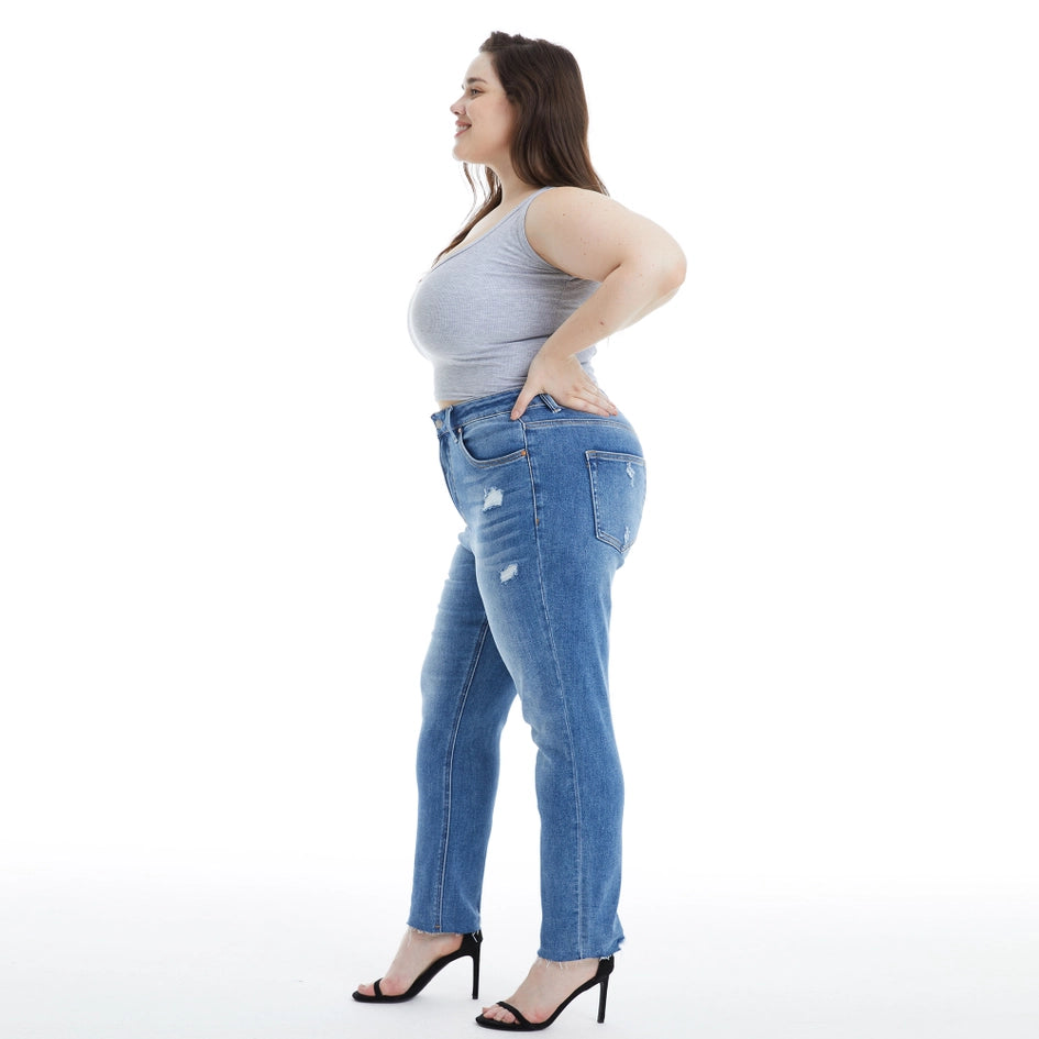 High Rise Skinny Jeans with Raw Hem MEDIUM BLUE-Jeans-BAYEAS-18W-MEDIUM BLUE-Urbanheer