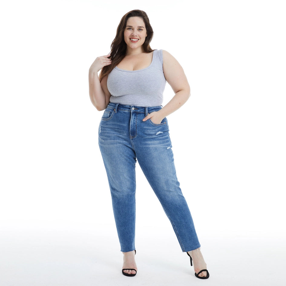 High Rise Skinny Jeans with Raw Hem MEDIUM BLUE-Jeans-BAYEAS-18W-MEDIUM BLUE-Urbanheer