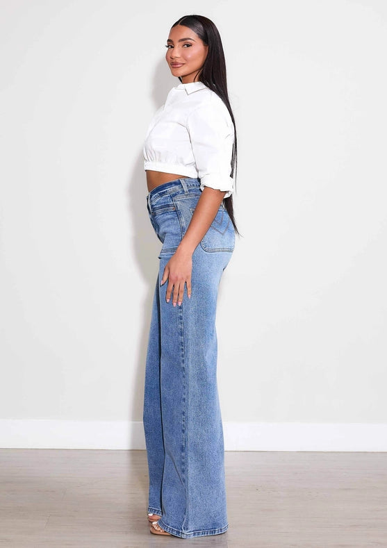 High-Rise Square Pocket Wide Leg Jeans-Jeans-Vibrant M.i.U-1-Medium Stone-Urbanheer