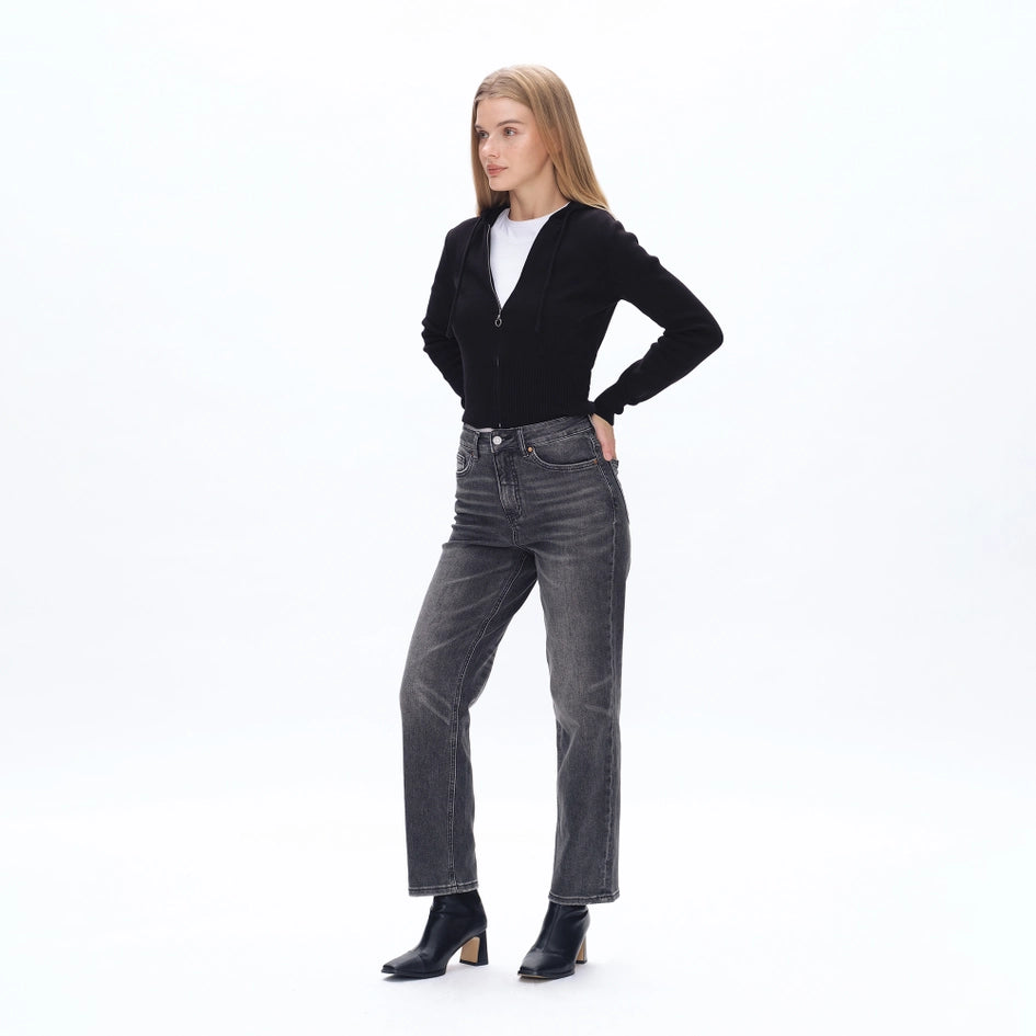 High Rise Straight Jeans with Finished Hem BLACK STONE-Jeans-BAYEAS-24-BLACK STONE-Urbanheer