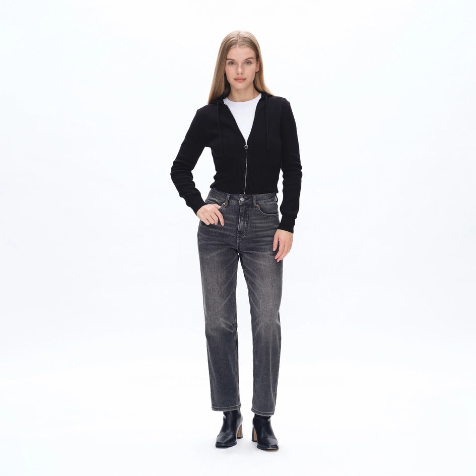 High Rise Straight Jeans with Finished Hem BLACK STONE-Jeans-BAYEAS-24-BLACK STONE-Urbanheer