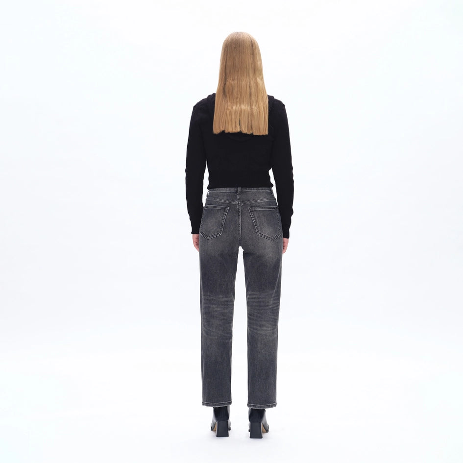 High Rise Straight Jeans with Finished Hem BLACK STONE-Jeans-BAYEAS-24-BLACK STONE-Urbanheer