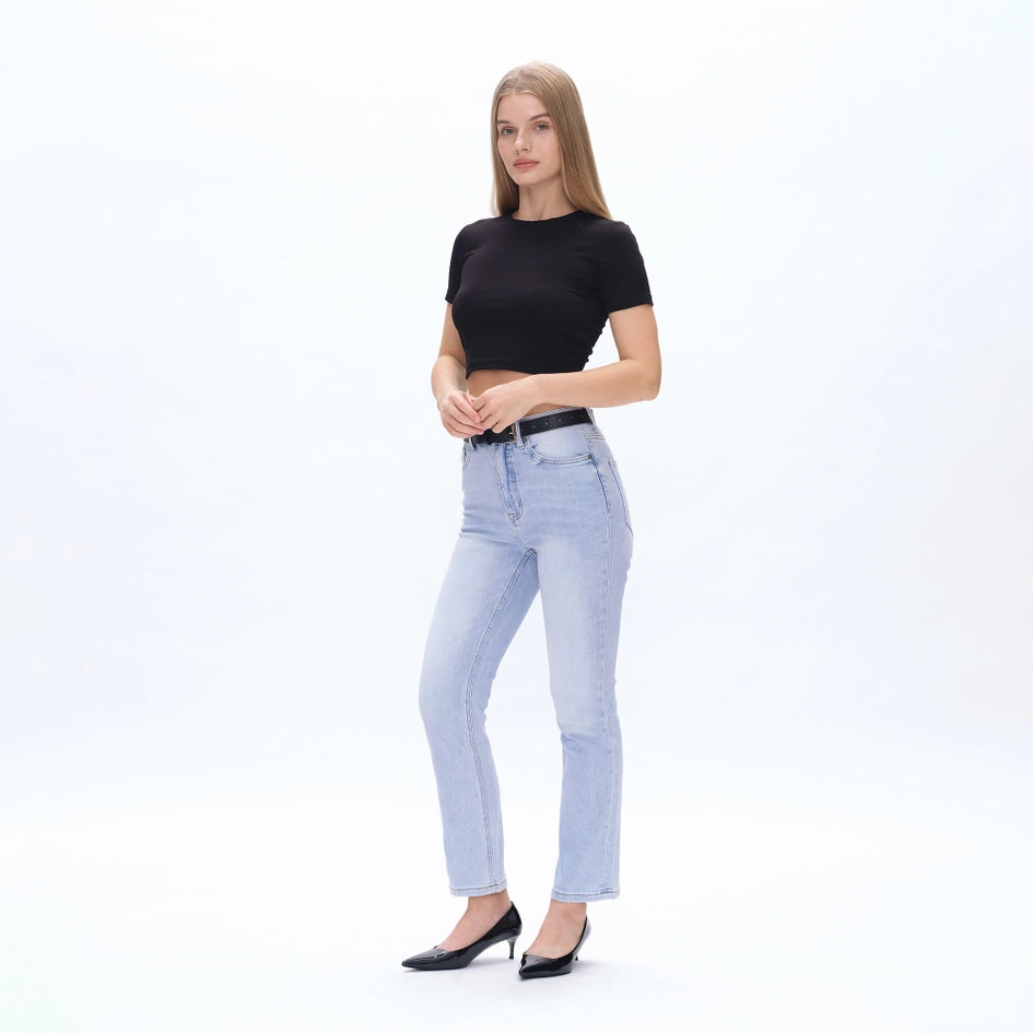 High Rise Straight Jeans with Finished Hem SKY BLUE-Jeans-BAYEAS-24-SKY BLUE-Urbanheer