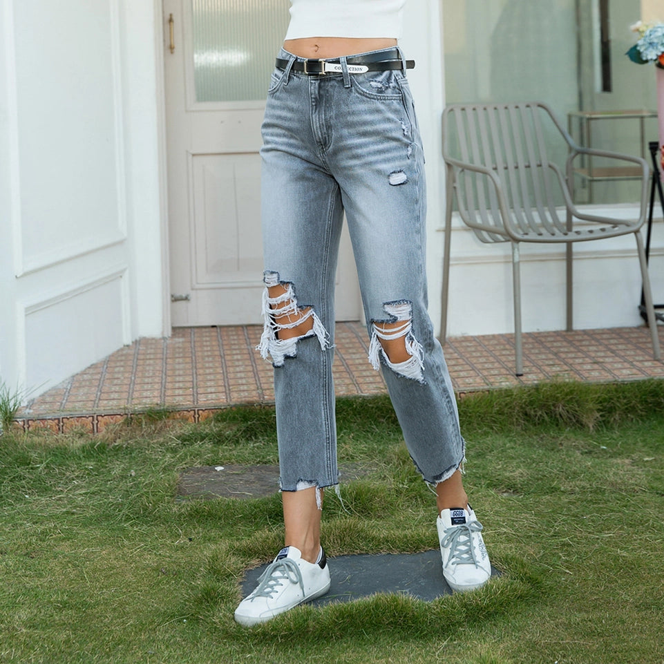 High Rise Straight Jeans with Frayed Hem BLACK-Jeans-BAYEAS-24-BLACK-Urbanheer