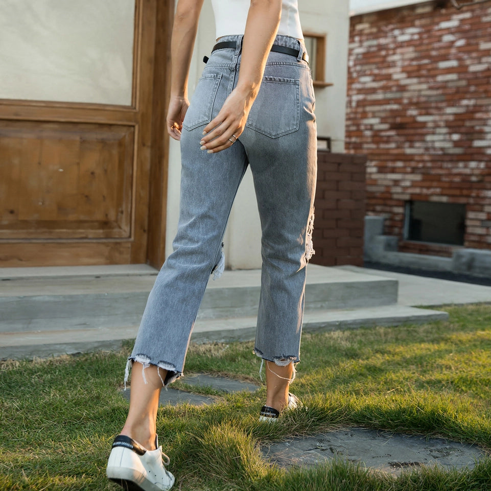 High Rise Straight Jeans with Frayed Hem BLACK-Jeans-BAYEAS-24-BLACK-Urbanheer