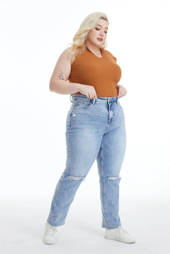 High Rise Straight Jeans with Raw Hem LIGHT BLUE-Jeans-BAYEAS-14W-LIGHT BLUE-Urbanheer