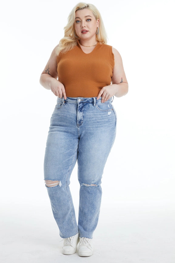 High Rise Straight Jeans with Raw Hem LIGHT BLUE-Jeans-BAYEAS-14W-LIGHT BLUE-Urbanheer