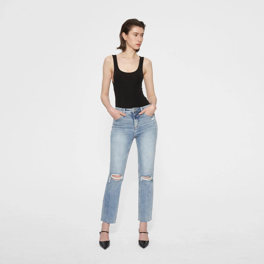 High Rise Straight Jeans with Raw Hem LIGHT BLUE-Jeans-BAYEAS-14W-LIGHT BLUE-Urbanheer