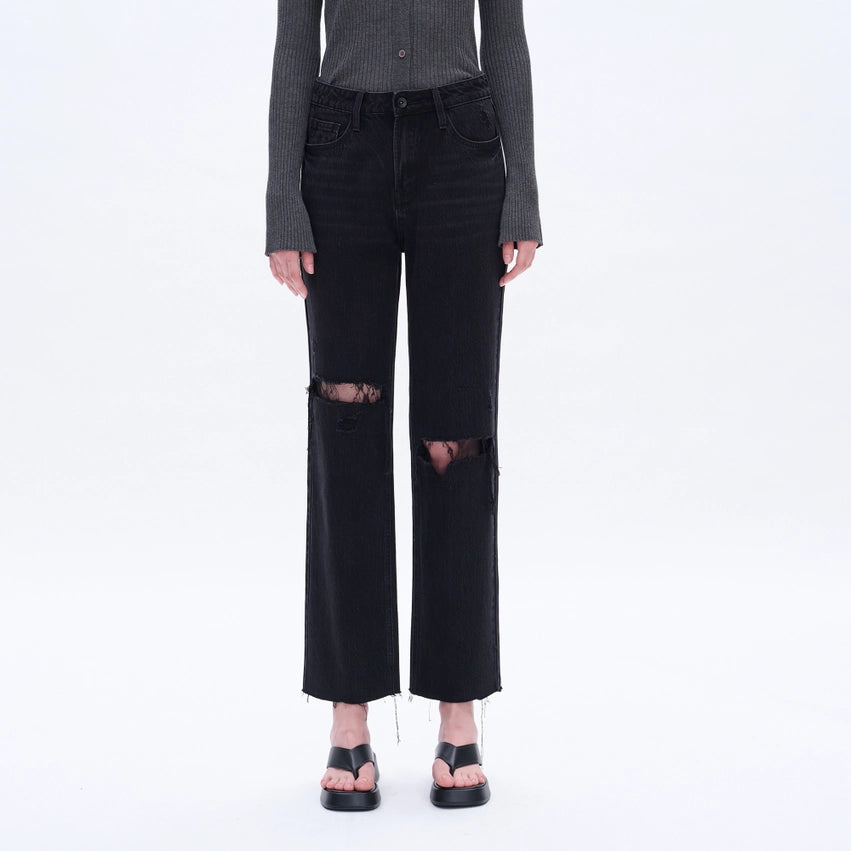 High Rise Straight Jeans with Raw Hem SULFUR BLACK-Jeans-BAYEAS-24-SULFUR BLACK-Urbanheer