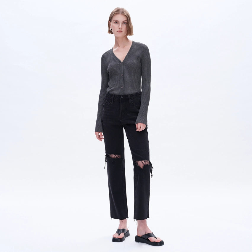 High Rise Straight Jeans with Raw Hem SULFUR BLACK-Jeans-BAYEAS-24-SULFUR BLACK-Urbanheer